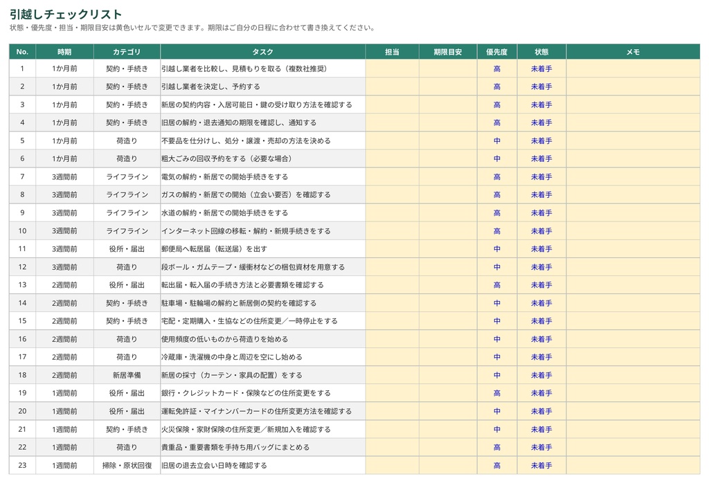 引越しチェックリスト&費用管理シート|時期別48項目・進捗と費用を自動集計