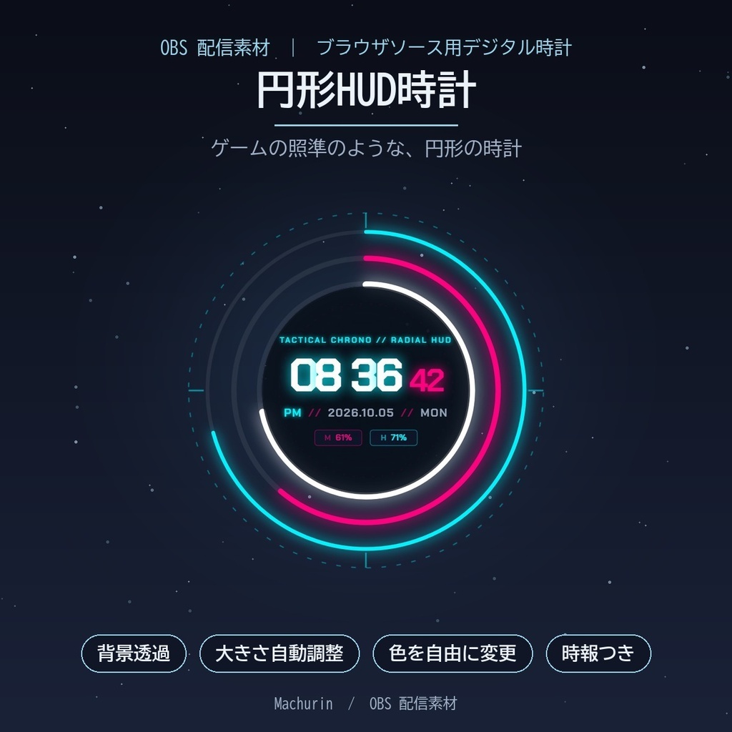 円形HUD時計 デジタル時計ウィジェット【OBS配信素材・VTuber向け】