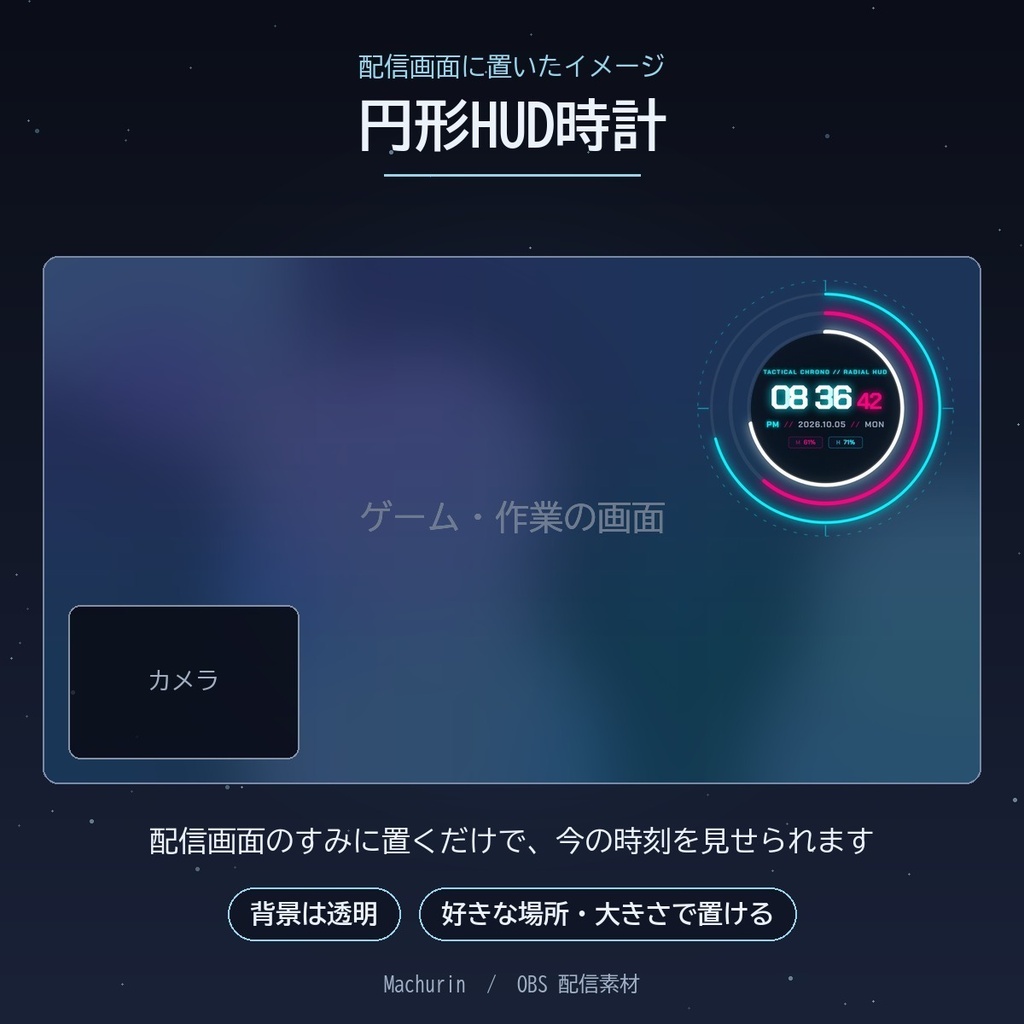 円形HUD時計 デジタル時計ウィジェット【OBS配信素材・VTuber向け】