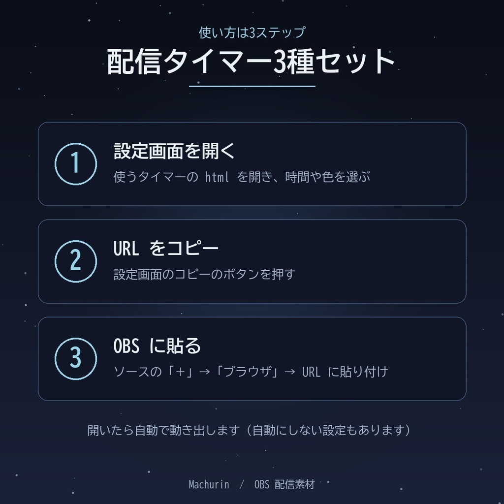 配信タイマー3種セット(カウントダウン・ポモドーロ・ストップウォッチ)【OBS配信素材】