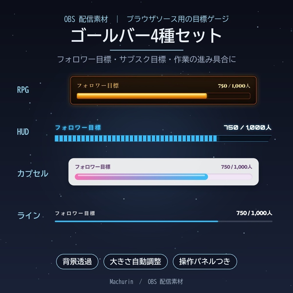 ゴールバー4種セット（RPG・HUD・カプセル・ライン）【OBS配信素材・目標ゲージ】