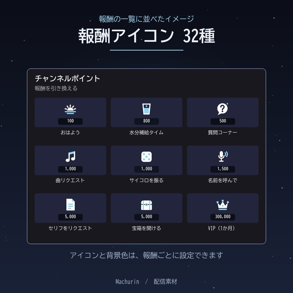 Twitch チャンネルポイント 報酬アイコン 32種【2色・28/56/112px・通貨アイコン付き/配信素材】
