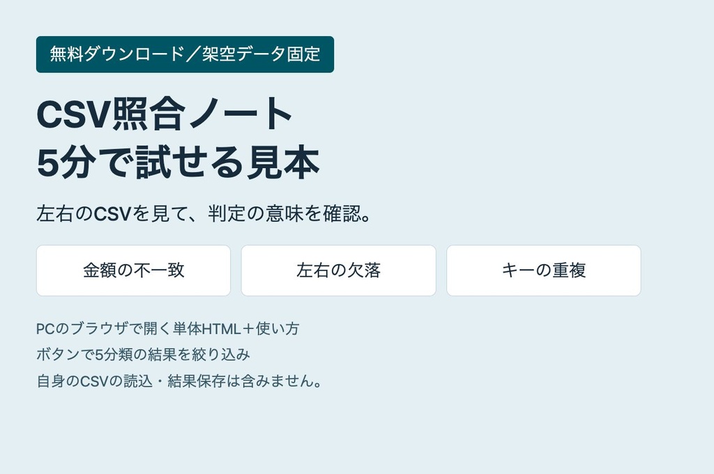 【無料見本】CSV照合ノート|金額差・欠落・重複の見方