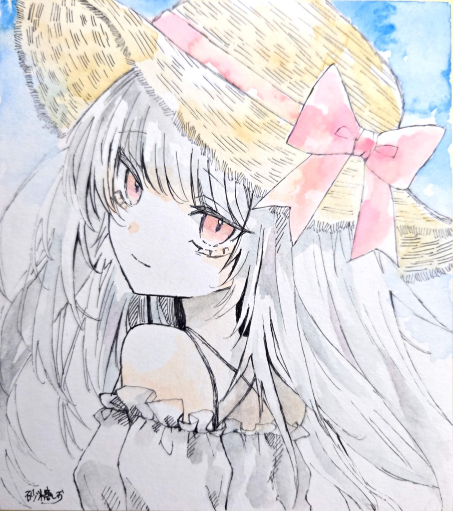 【一次創作】麦わら帽子とワンピース【色紙原画】