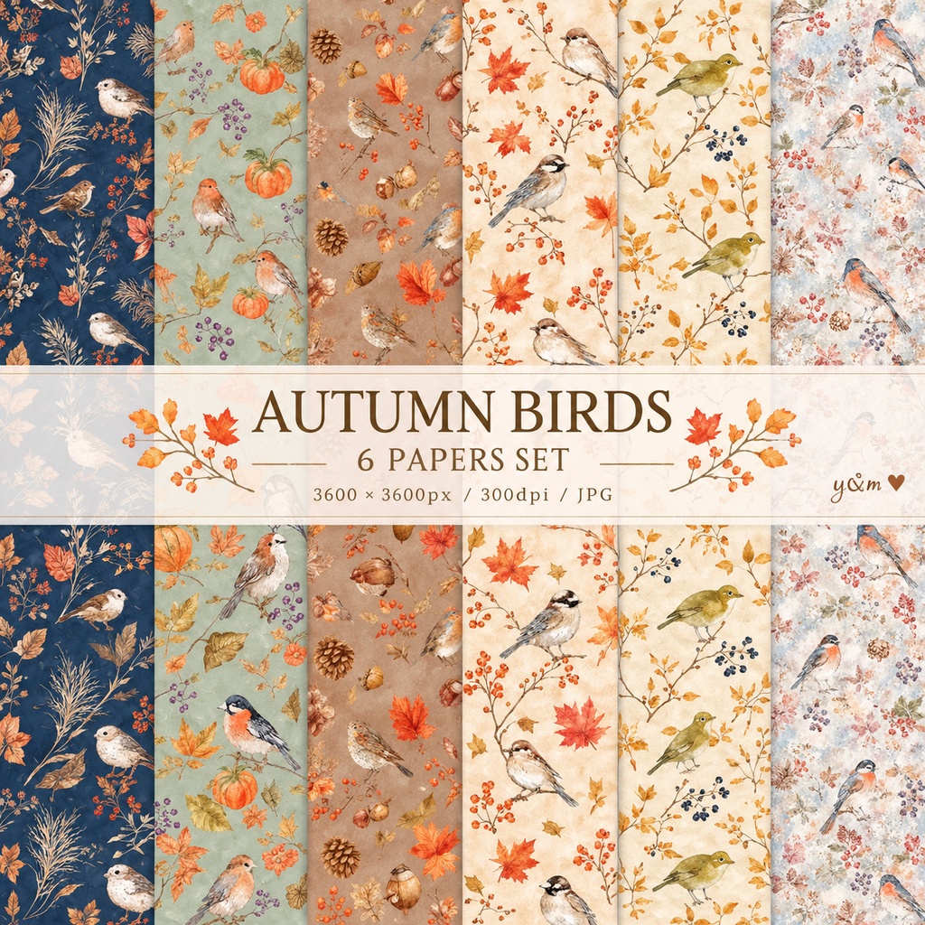 【6枚セット】秋の小鳥と木の実・草花|Autumn Birds デジタルペーパー