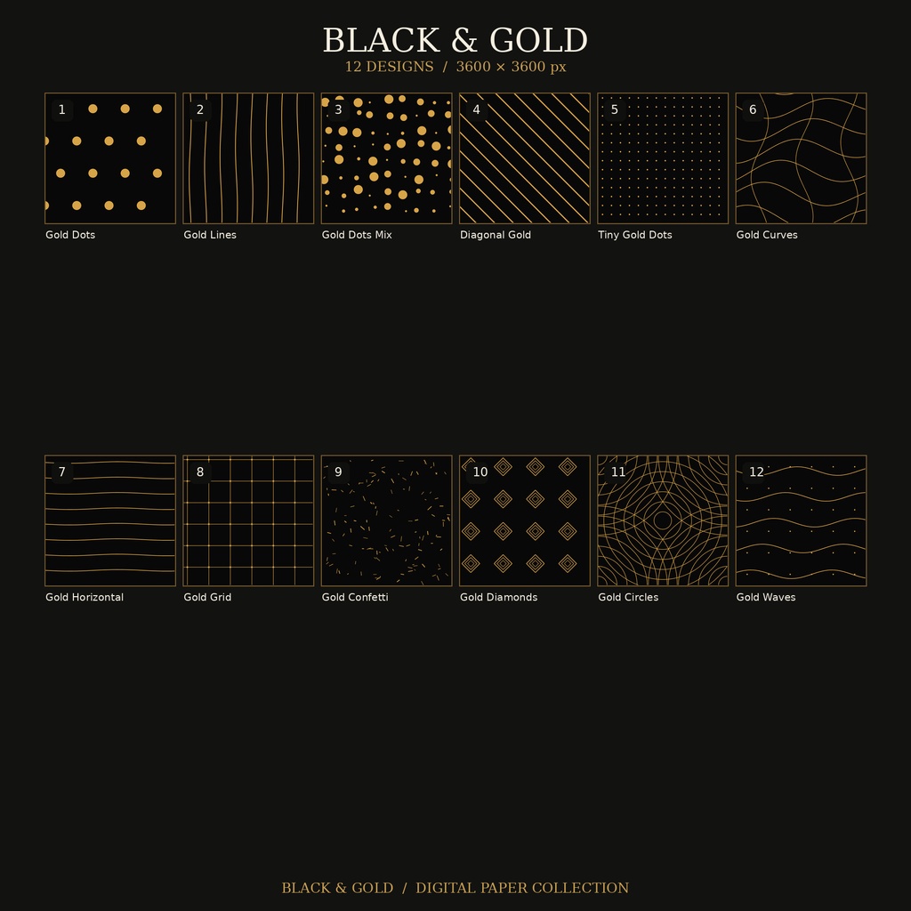 【12枚セット】ブラック&ゴールド|BLACK & GOLD デジタルペーパー