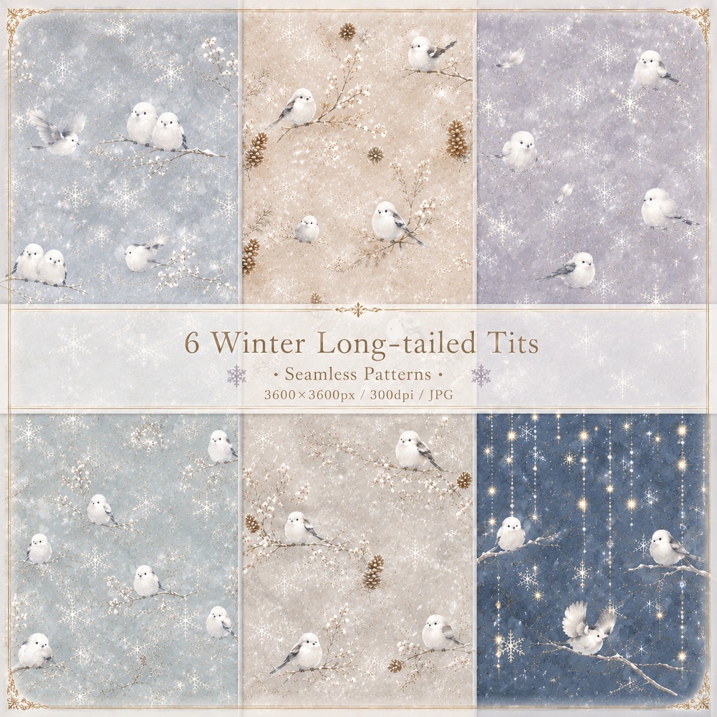 【6枚セット】冬のシマエナガ|Winter Long-tailed Tits デジタルペーパー