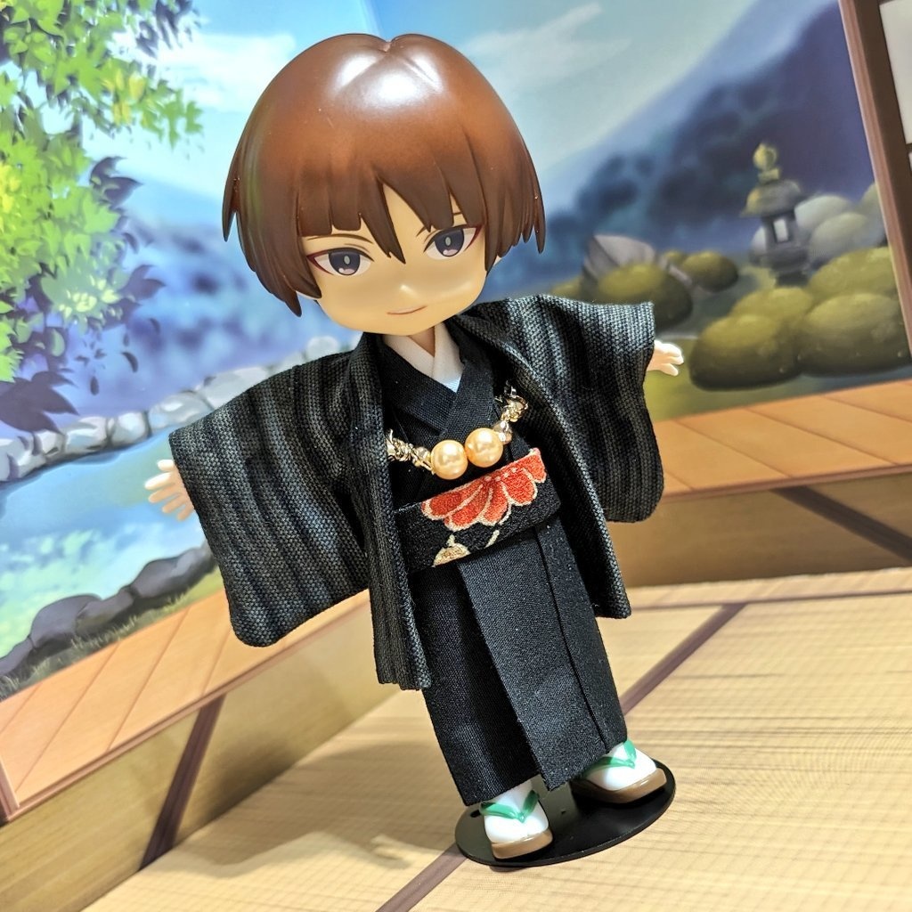ハンドメイド オビツ11 ねんどろいどどーる 漆黒の着物 黒の波模様の羽織 セット