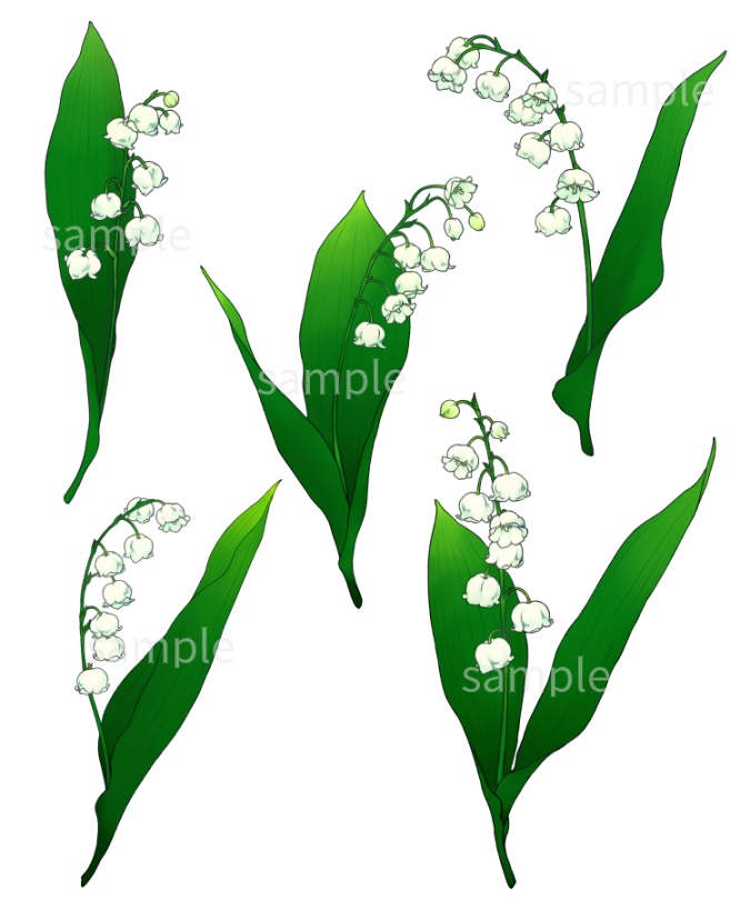 すずらんの花 5輪(カラーと線画合計10枚)