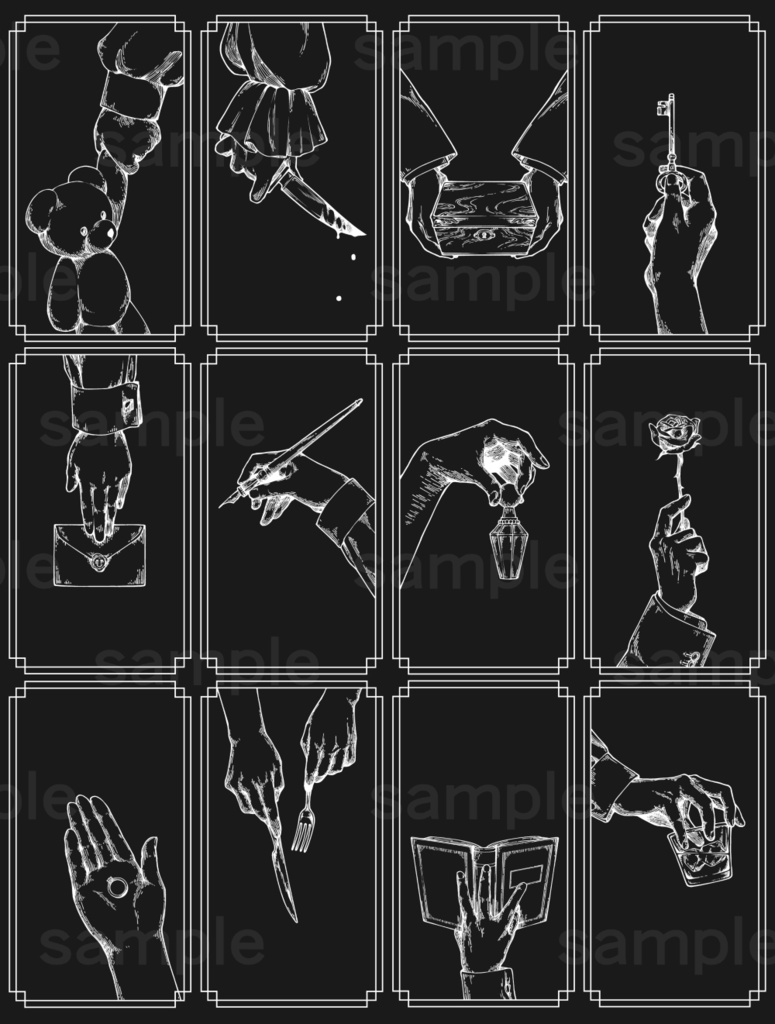 ペン画風の手のイラスト素材 12種(黒、白、ゴールド3色)