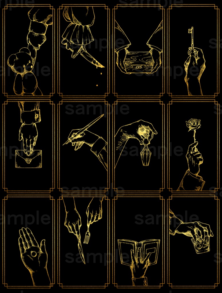 ペン画風の手のイラスト素材 12種(黒、白、ゴールド3色)