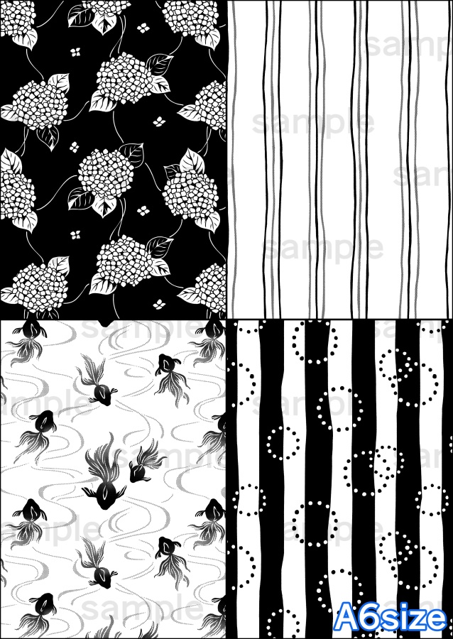 浴衣の柄8種(白黒・グレー)