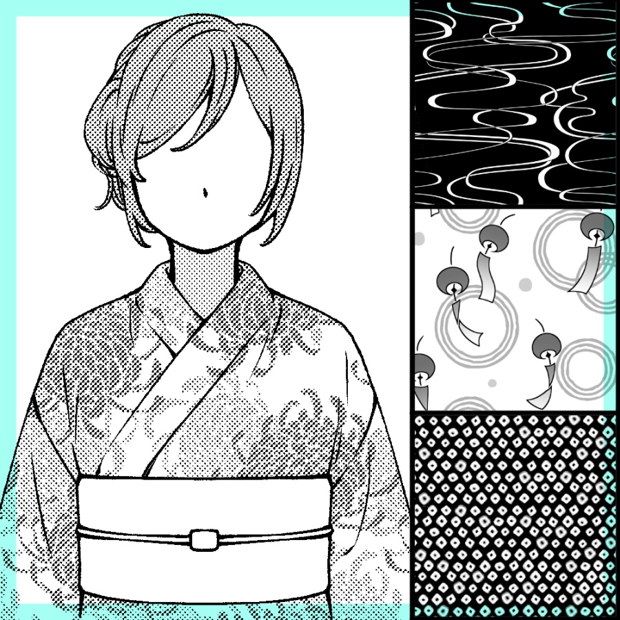 浴衣の柄8種(白黒・グレー) 2