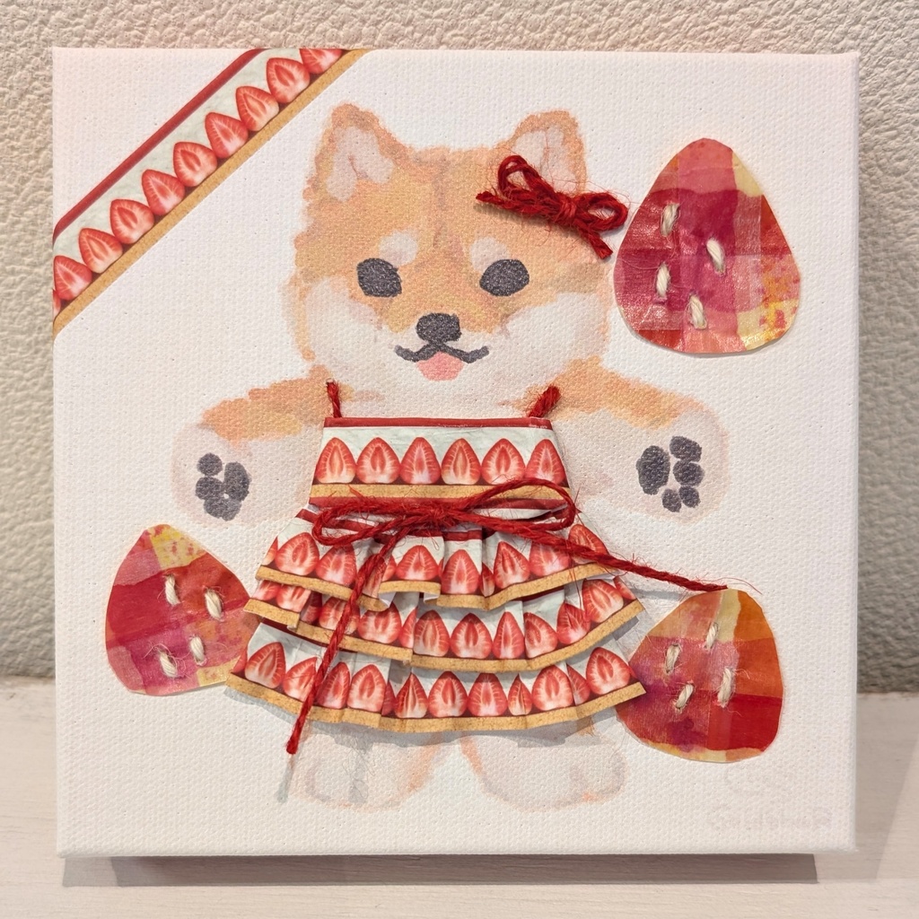 ぬいぐるみ着せ替え風キャンバス　いちごショートケーキ柴犬