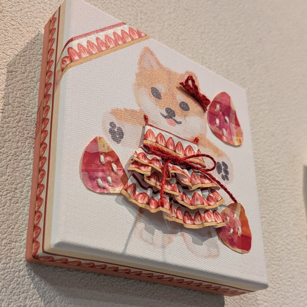 ぬいぐるみ着せ替え風キャンバス いちごショートケーキ柴犬
