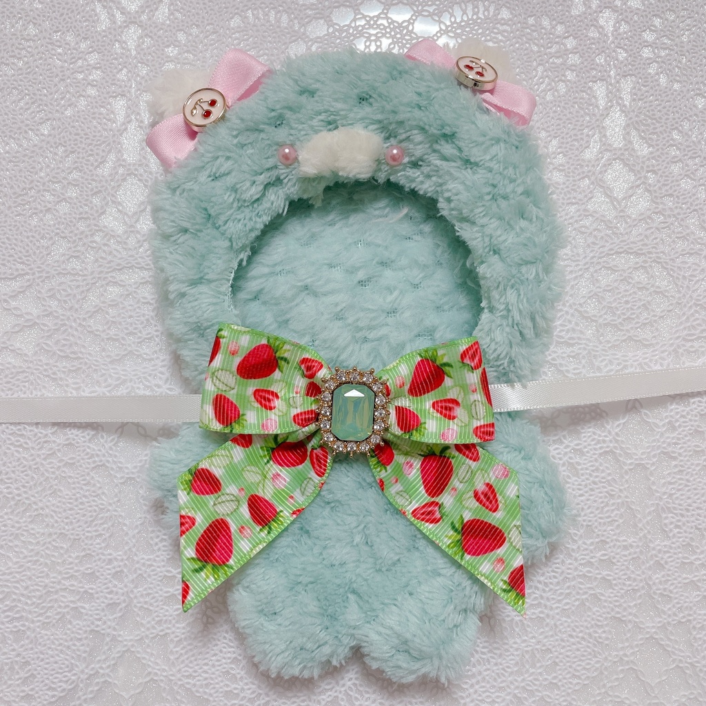 ぬいぐるみ　着ぐるみ　ねこさん　ミント×白　苺リボン