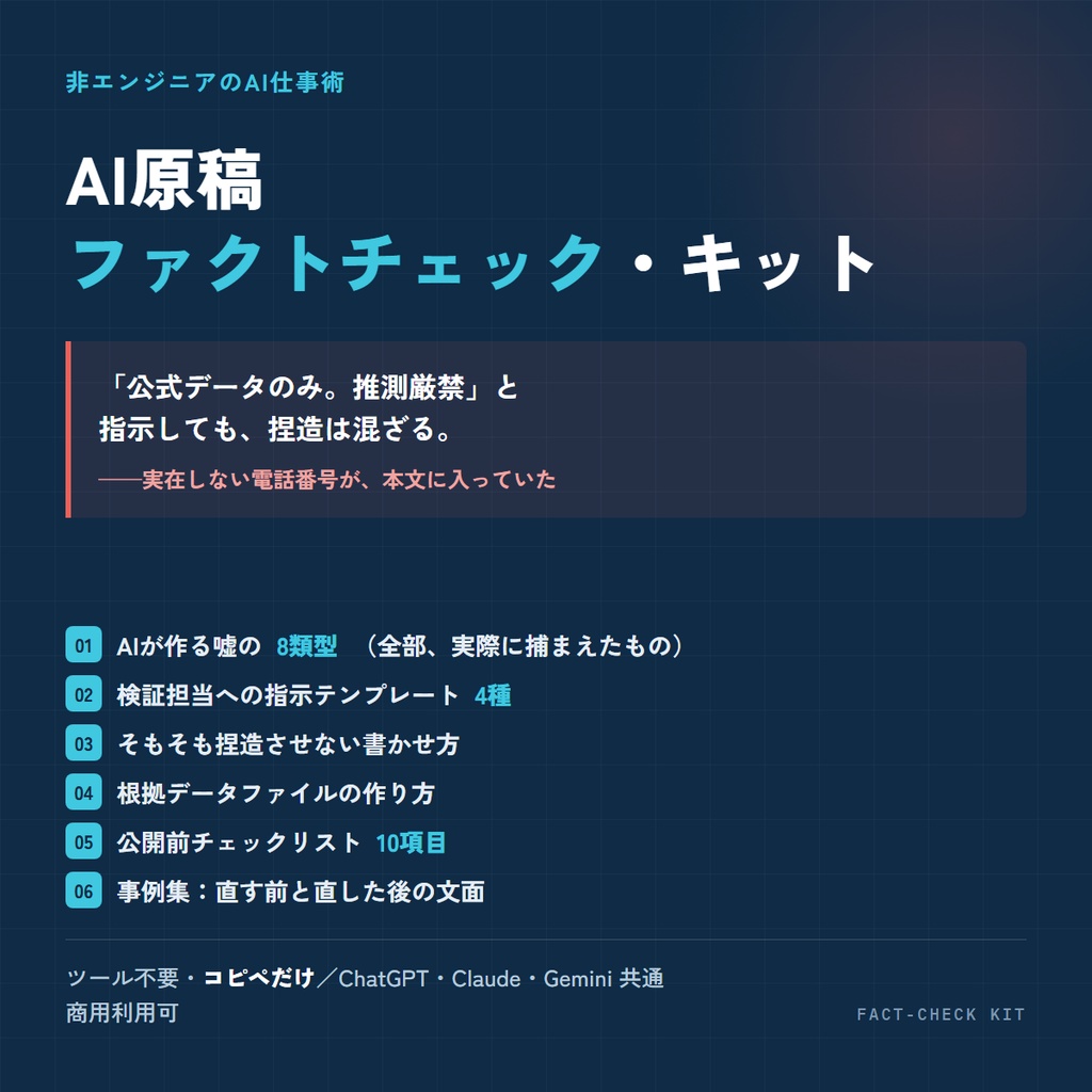 AI原稿ファクトチェック・キット|「公式データのみ」と指示しても混ざる捏造を、機械的に抜く