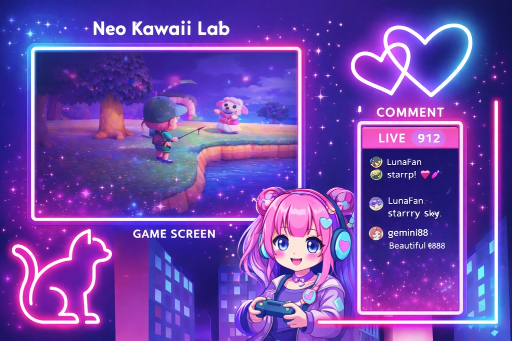 【VTuber配信画面】ネオンゆめかわ Night City オーバーレイ|ゲーム配信 / コメント枠|1920×1080