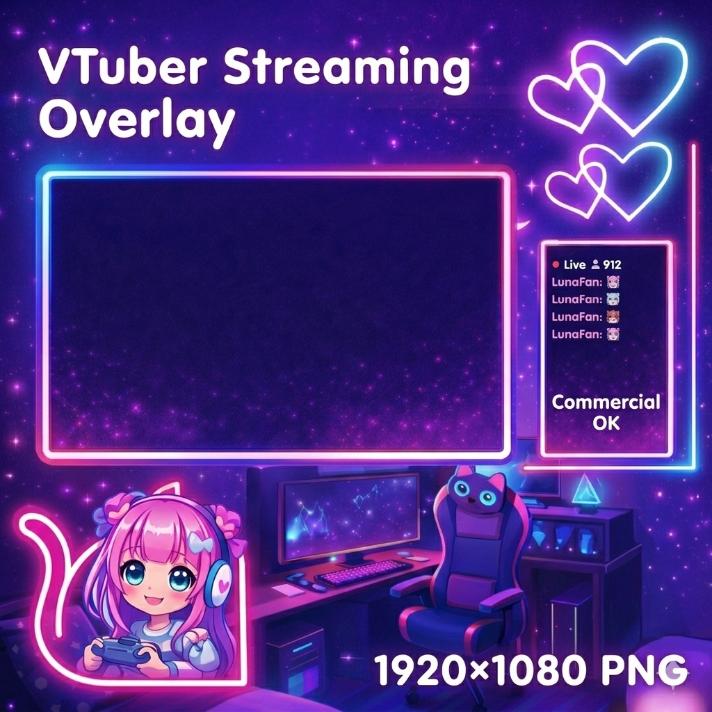 【VTuber配信画面】ネオンゆめかわ Night Room オーバーレイ｜ゲーム配信 / コメント枠｜1920×1080