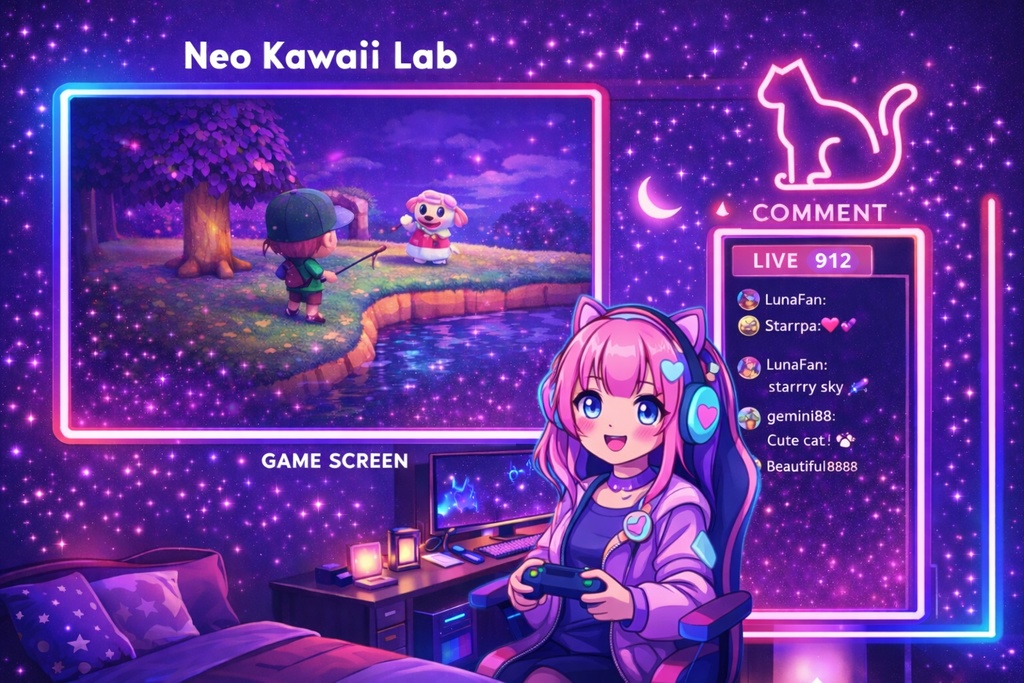 【VTuber配信画面】ネオンゆめかわ Night Room オーバーレイ|ゲーム配信 / コメント枠|1920×1080