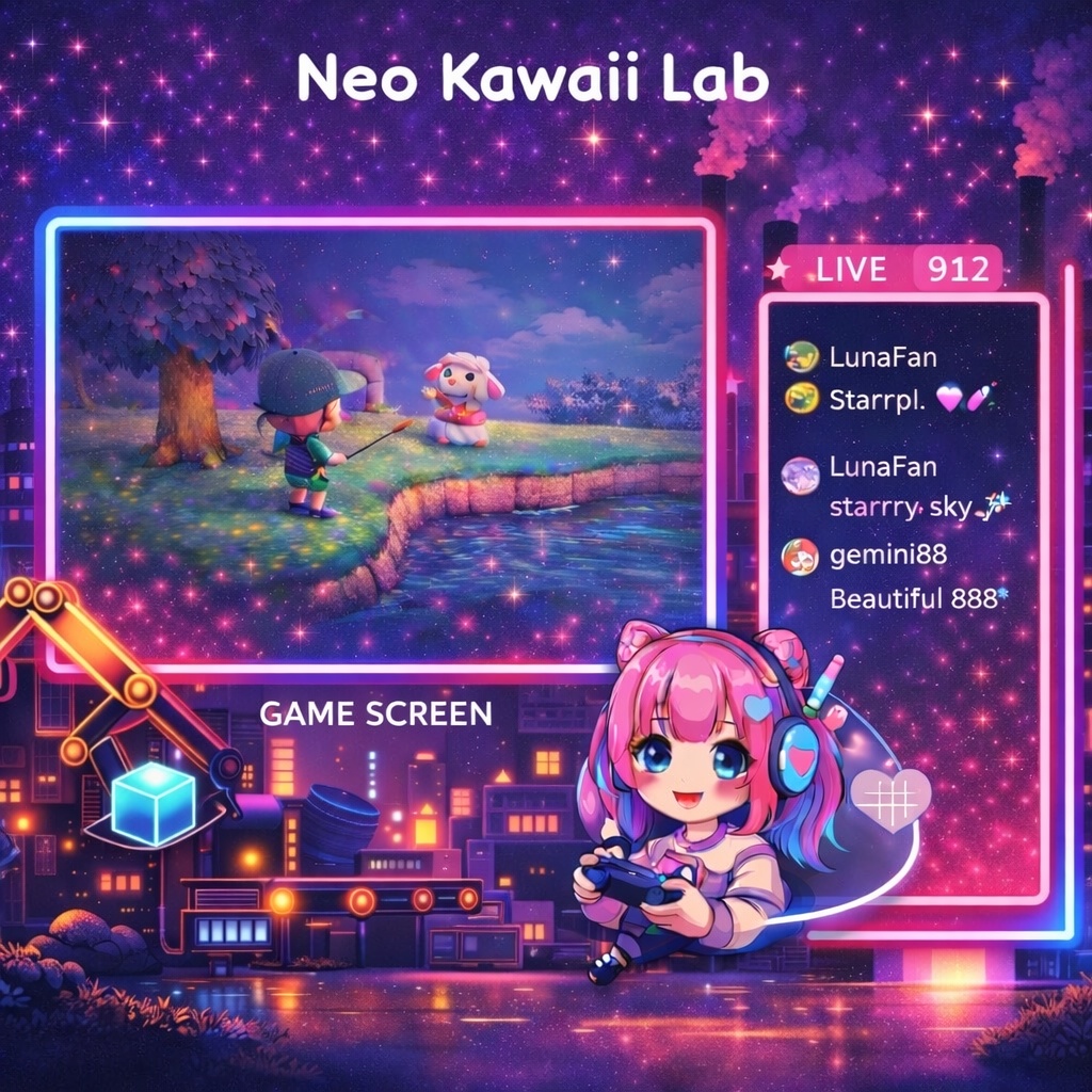 【VTuber配信画面】ネオンゆめかわ Night Factory オーバーレイ｜ゲーム配信 / コメント枠｜1920×1080