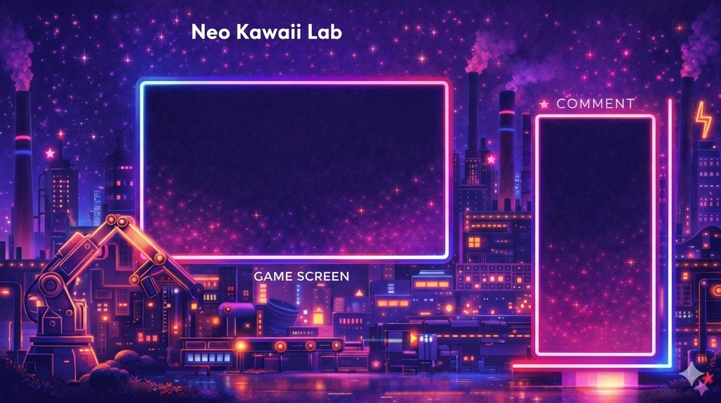 【VTuber配信画面】ネオンゆめかわ Night Factory オーバーレイ|ゲーム配信 / コメント枠|1920×1080