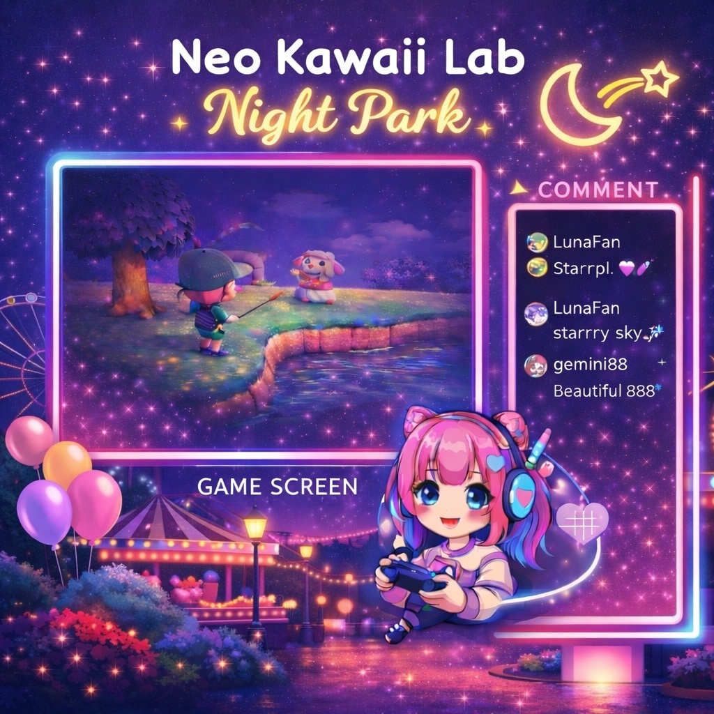 【VTuber配信画面】ネオンゆめかわ Night Park オーバーレイ｜ゲーム配信 / コメント枠｜1920×1080