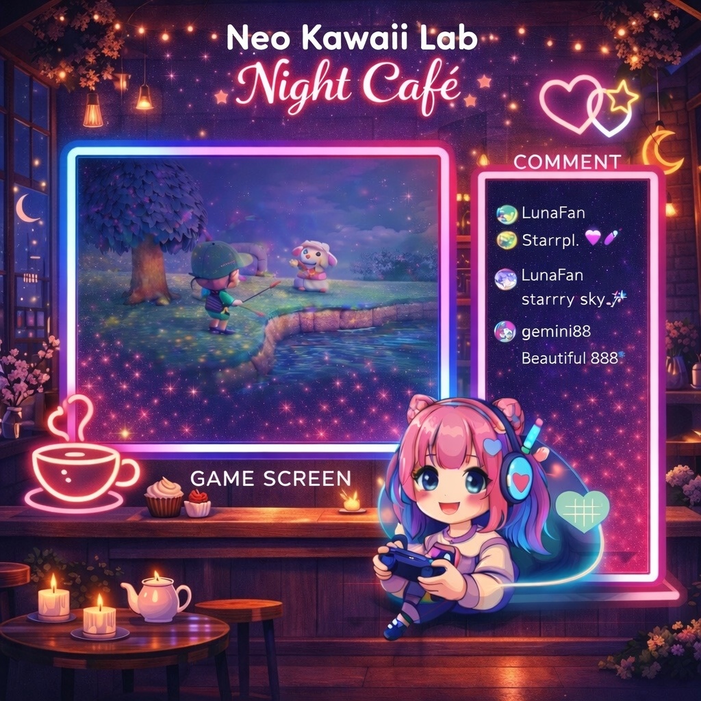 【VTuber配信画面】ネオンゆめかわ Night Cafe オーバーレイ｜ゲーム配信 / コメント枠｜1920×1080