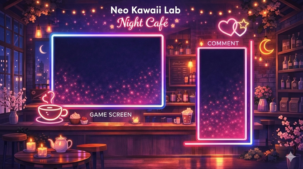 【VTuber配信画面】ネオンゆめかわ Night Cafe オーバーレイ|ゲーム配信 / コメント枠|1920×1080