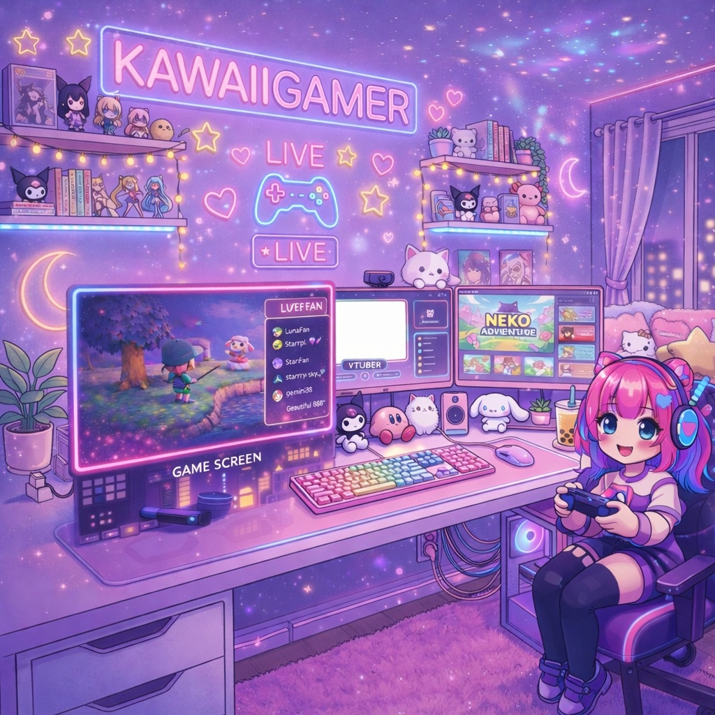 VTuber / Twitch Streaming Overlay Kawaii Neon Gamer Room