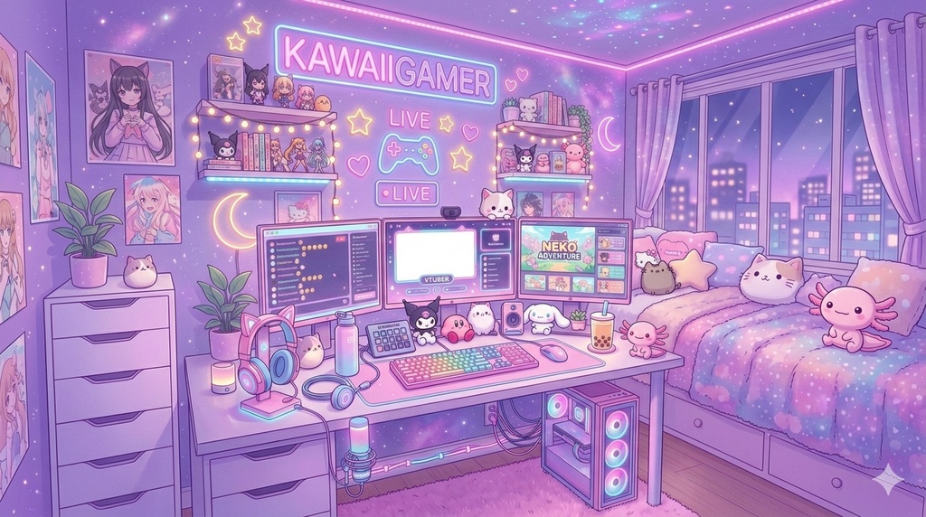 VTuber / Twitch Streaming Overlay Kawaii Neon Gamer Room