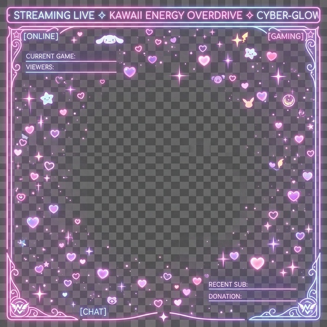 FREE VTuber Streaming Overlay Kawaii Neon Hearts 1920×1080 PNG | NeoKawaiiLab