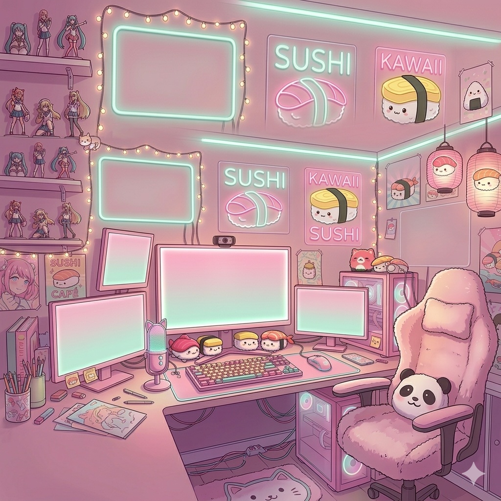 Kawaii Sushi Cafe VTuber Streaming Background 1920x1080 PNG