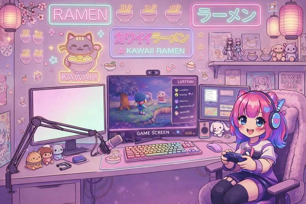 Kawaii Neon Ramen Cafe VTuber Streaming Background