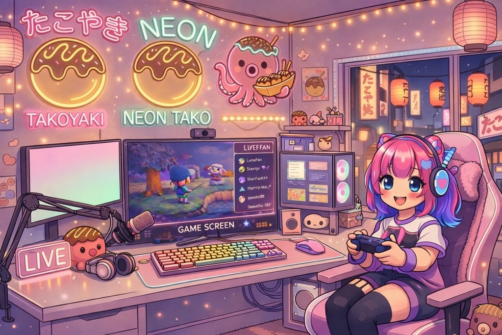 Kawaii Neon Takoyaki Room VTuber Streaming Background