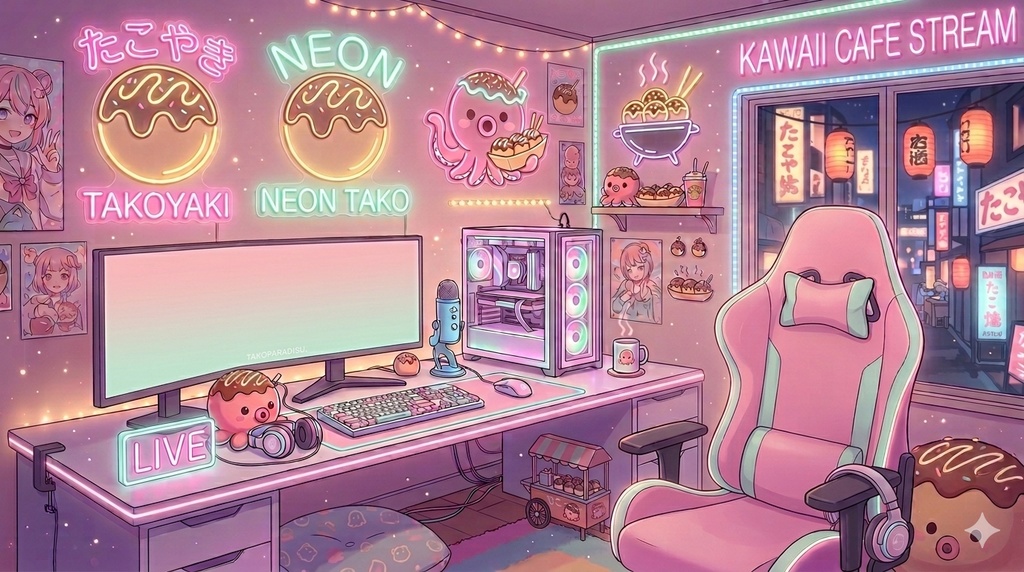 Kawaii Neon Takoyaki Room VTuber Streaming Background