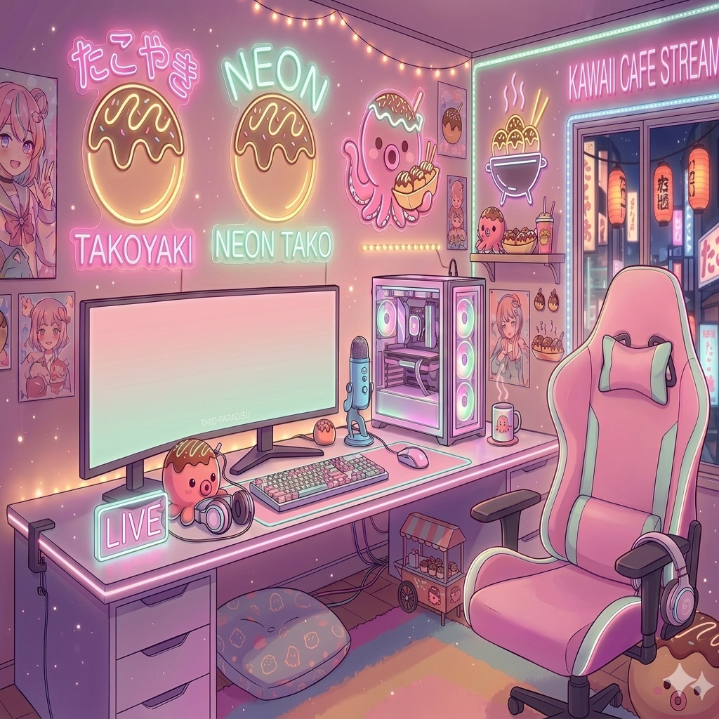 Kawaii Neon Takoyaki Room VTuber Streaming Background