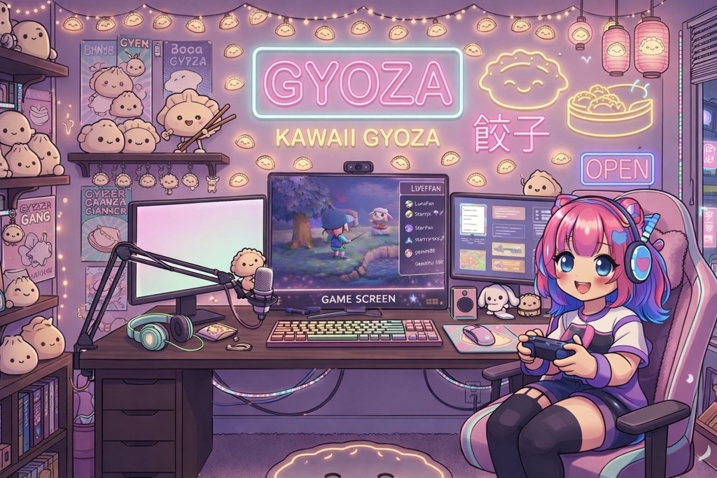 Kawaii Neon Gyoza Room VTuber Streaming Background