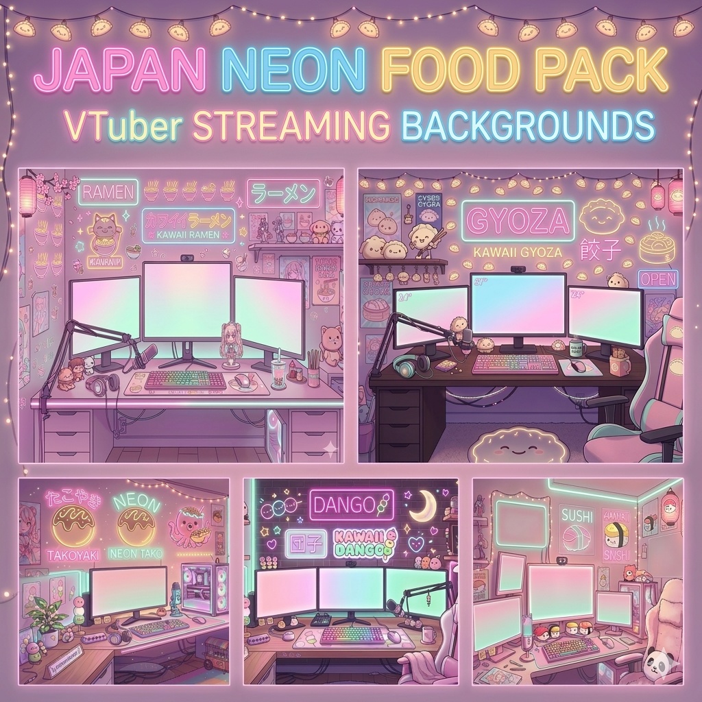 Japan Neon Food Cafe Pack VTuber Streaming Backgrounds