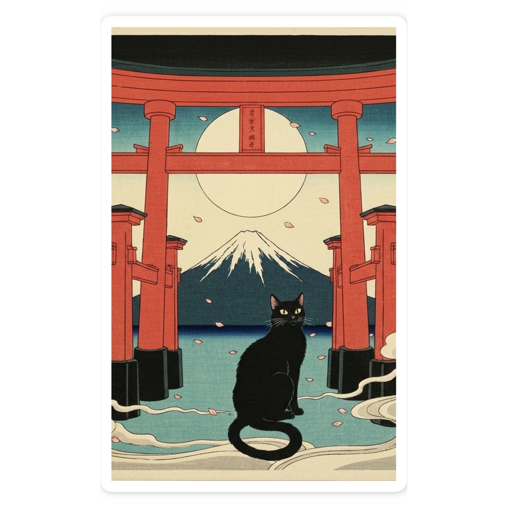 黒猫富士鳥居浮世絵スマホステッカー