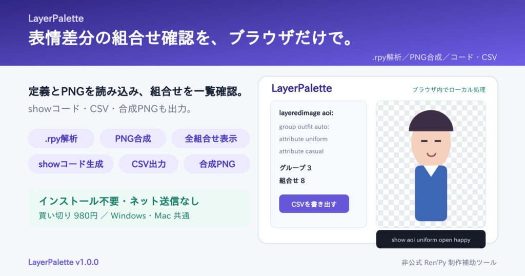 LayerPalette｜Ren'Py layeredimage 表情差分ビジュアライザー【非公式・ブラウザ完結】