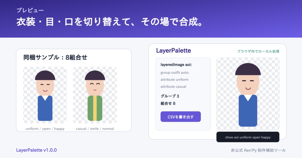 LayerPalette|Ren'Py layeredimage 表情差分ビジュアライザー【非公式・ブラウザ完結】