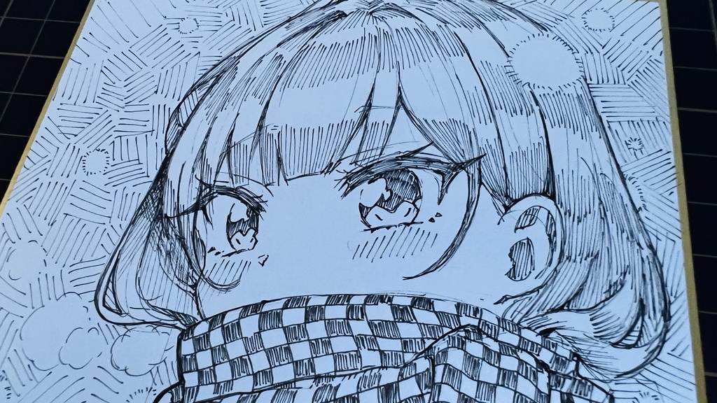 【アナログ原画】一発描きミニ色紙「冬の日」 /Drawing without draft "A Winter's Day."