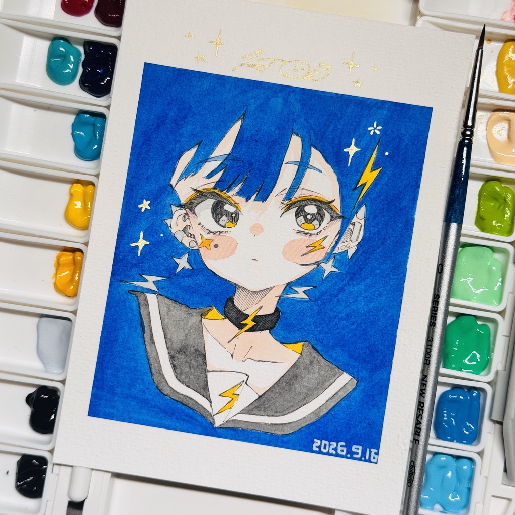 【アナログ原画】雷電-蒼-【水彩画】