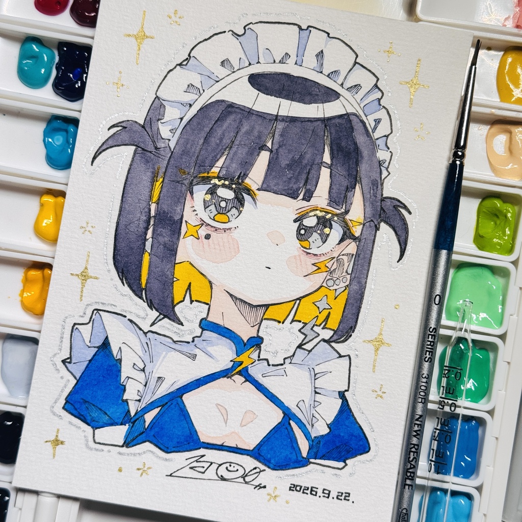 【アナログ原画】メイドビキニツインテ雷電【水彩画】