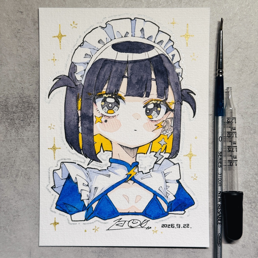 【アナログ原画】メイドビキニツインテ雷電【水彩画】