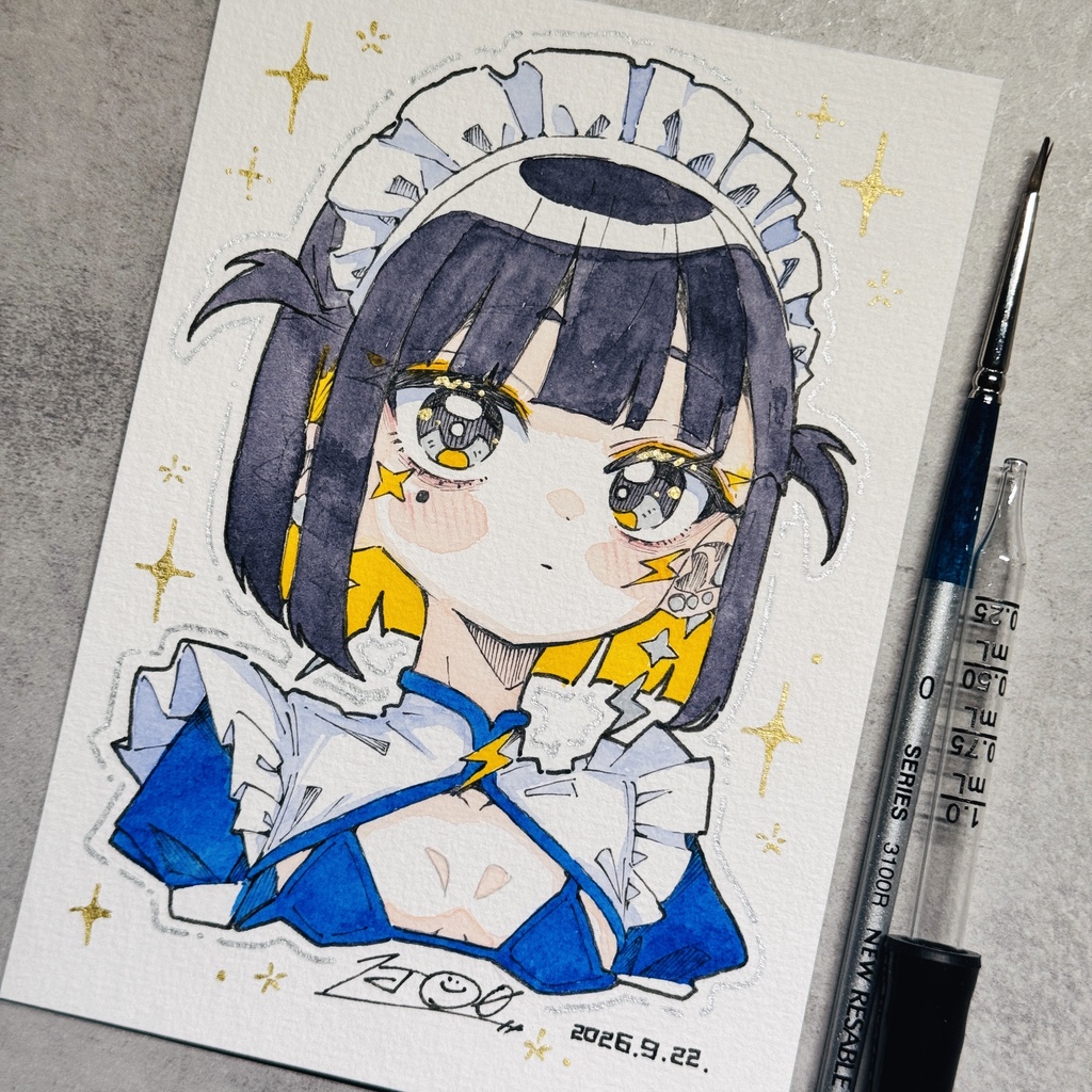 【アナログ原画】メイドビキニツインテ雷電【水彩画】
