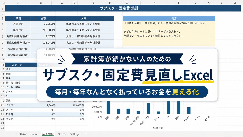 家計簿が続かない人のための サブスク・固定費見直しExcel