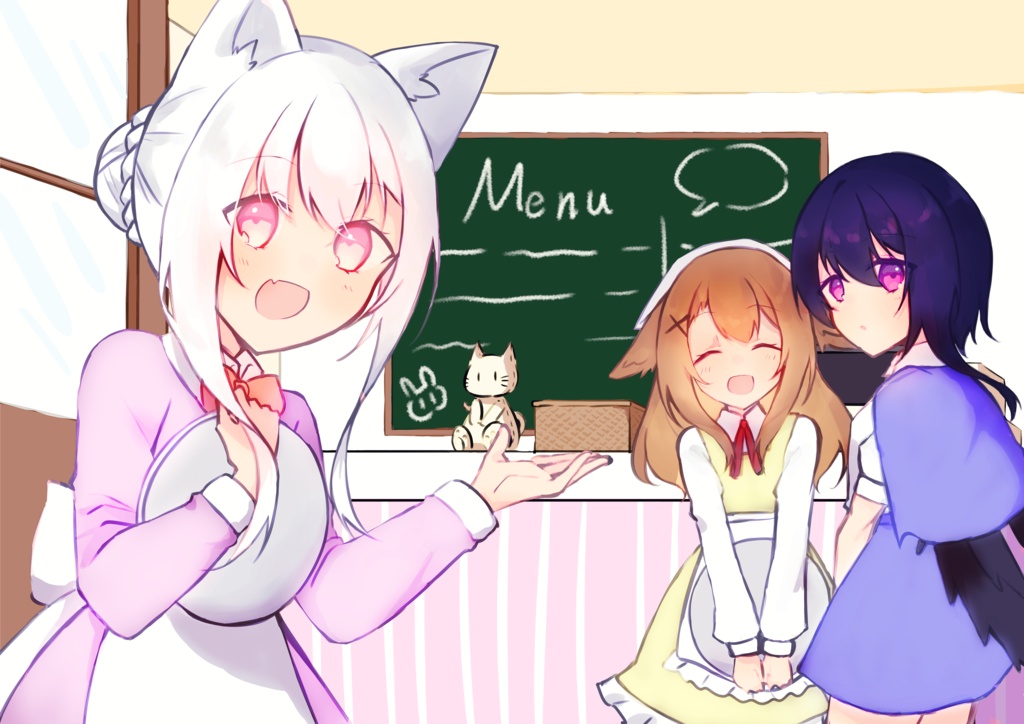 絵本風スチル「ケモミミ娘たちの賑やかカフェ」