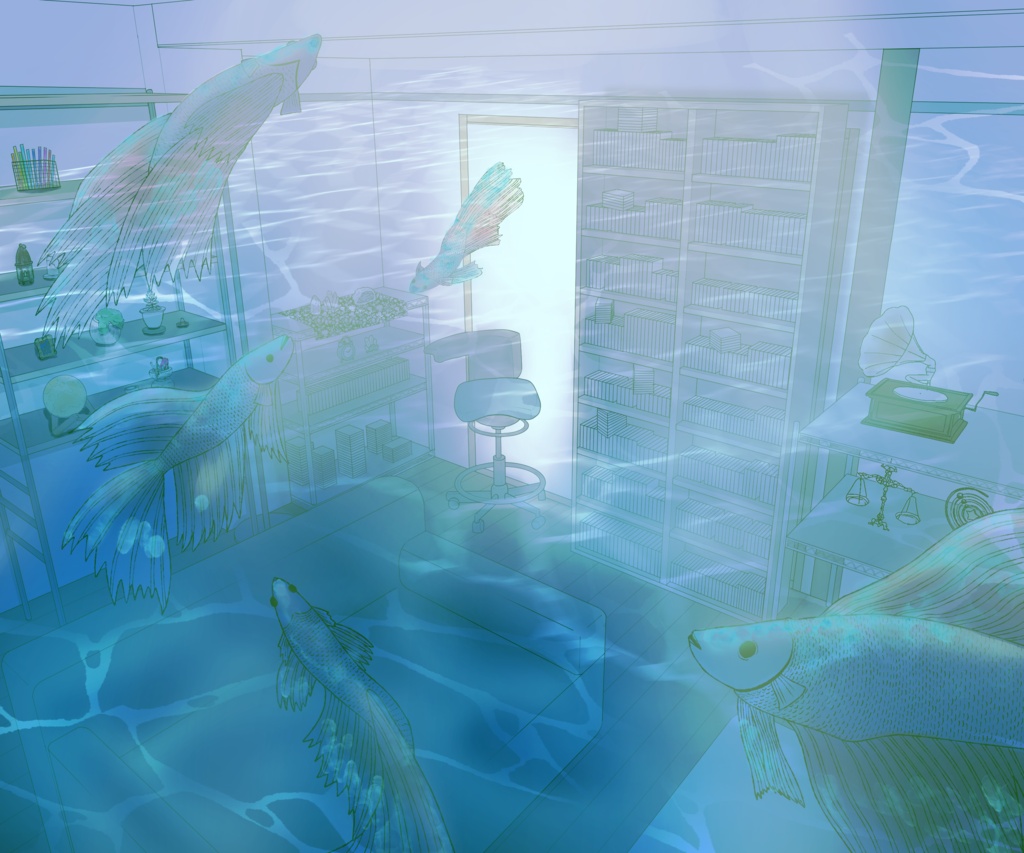 ファンタジー背景「水底に沈む静寂の部屋」